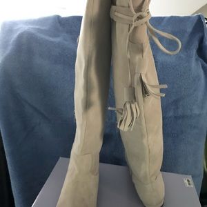 Tan suede just over the knee flat boots